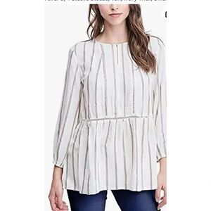 NWT Fever 3/4 Sleeve Blouse, Tan/Ivory Stripes Lace Bohemian Gypsy Sz M #1842